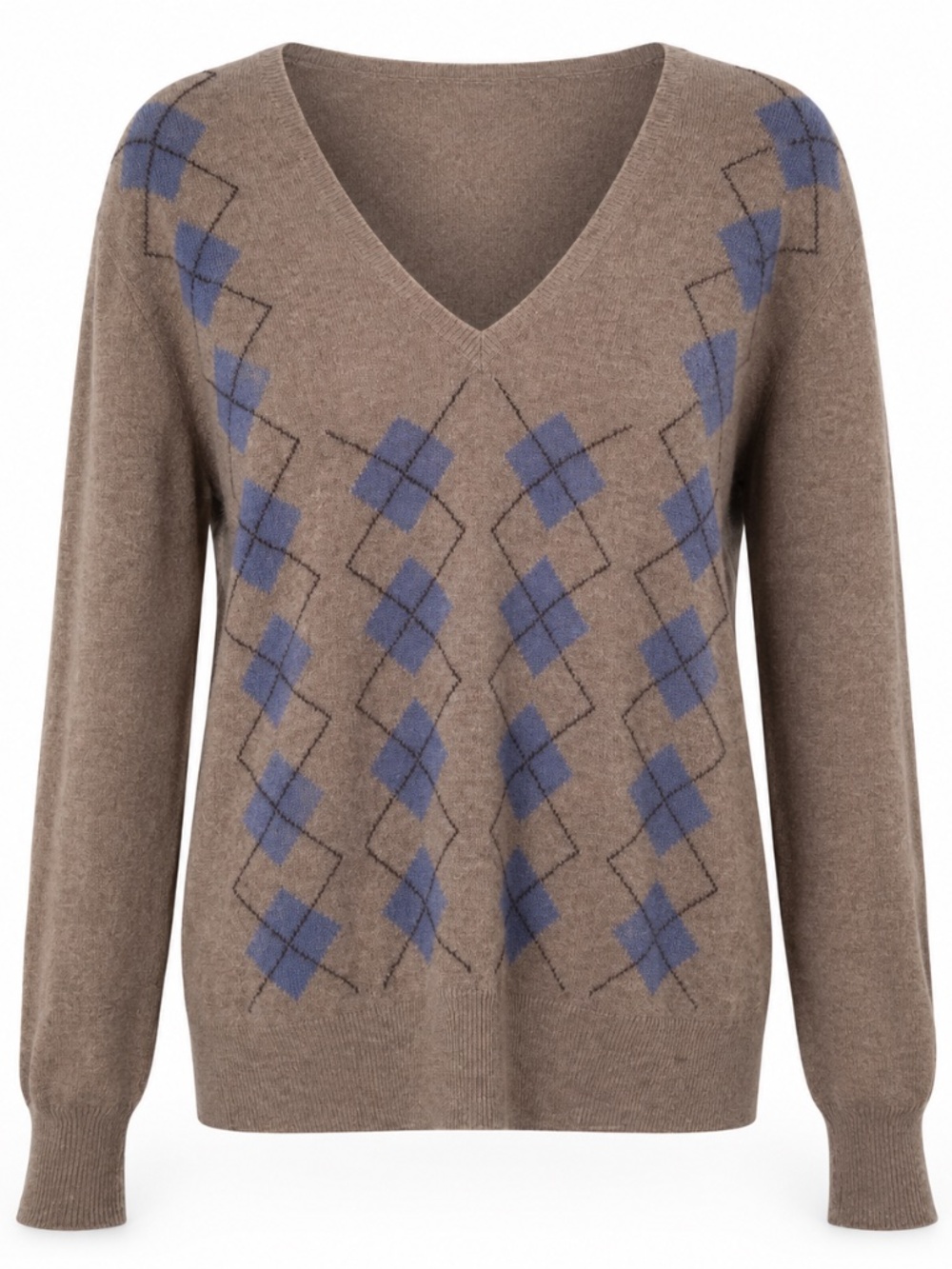 Bottega Veneta 100% Cashmere Sweater Mens IT 50 US L Brown Blue Argyle ITALY